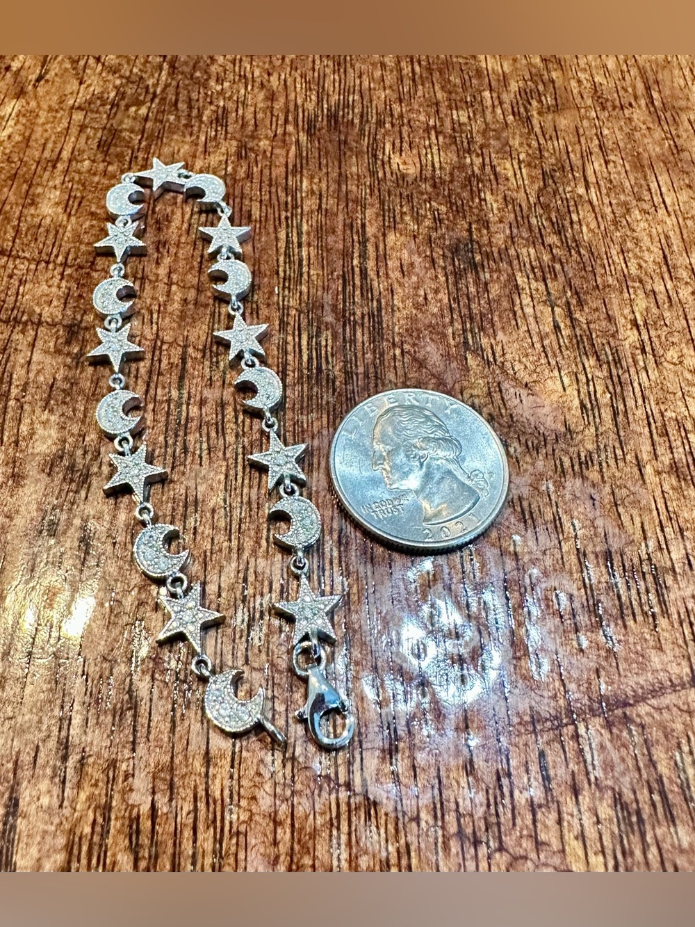 Solid Sterling Silver, Marcasite, Moon & Star Link Bracelet
